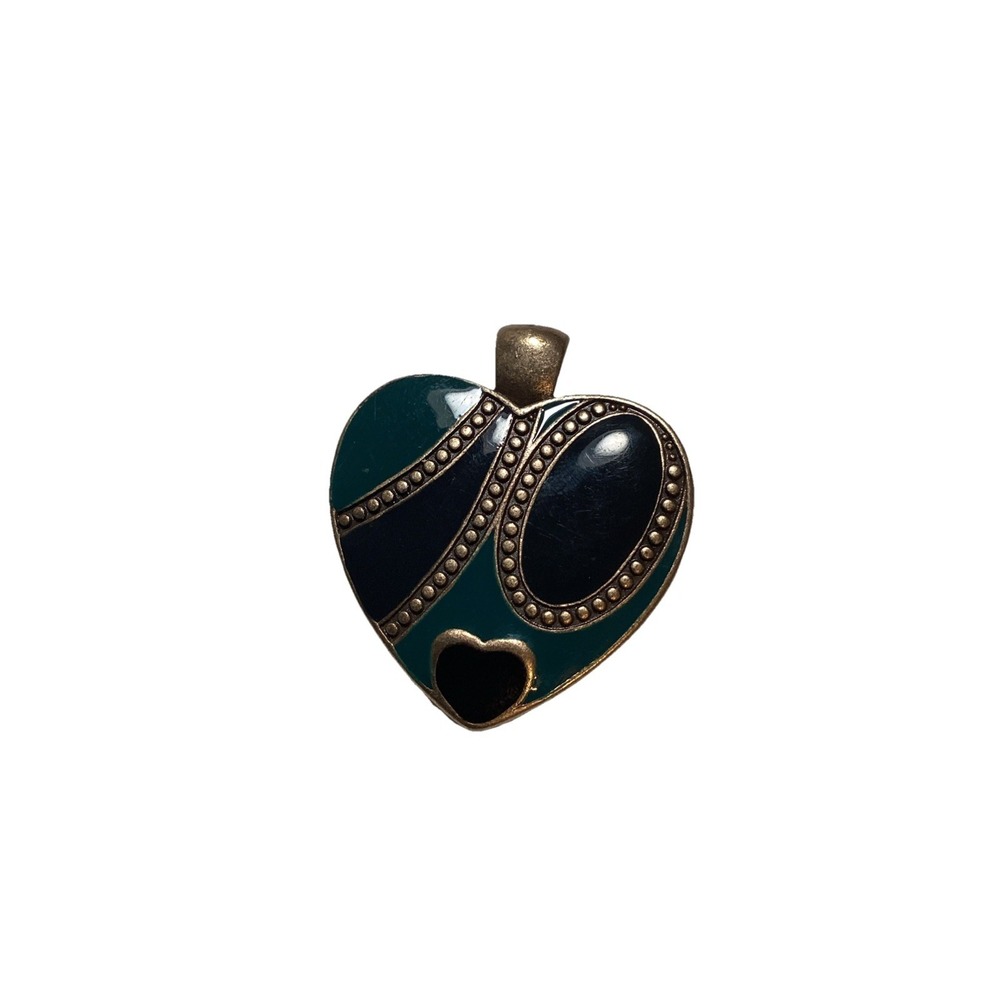 Vintage Heart Enamel Filigree Pendant Art Deco Brass Tone Snowflake Teal & Black